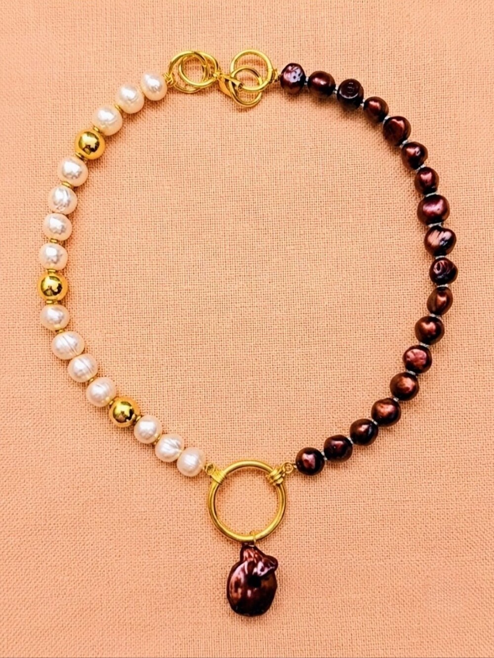 Natural Copper Iron Red Pearl And Peach Pearls In Assymetrical Necklace